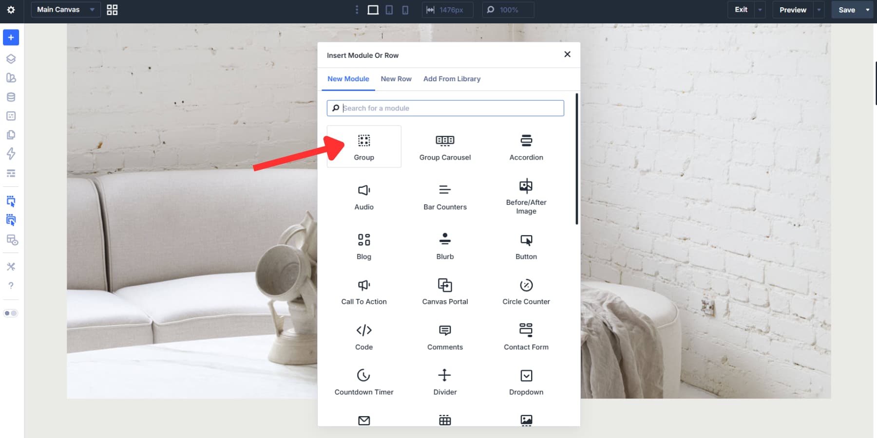 A screenshot of finding and adding the module group in Divi 5