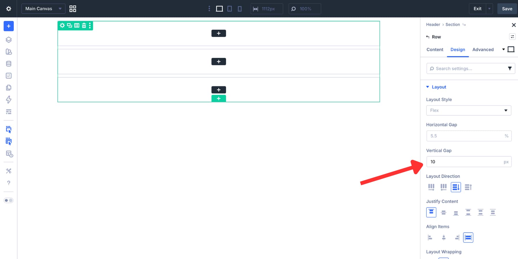 Column layout and vertical gap for a Divi 5 header section