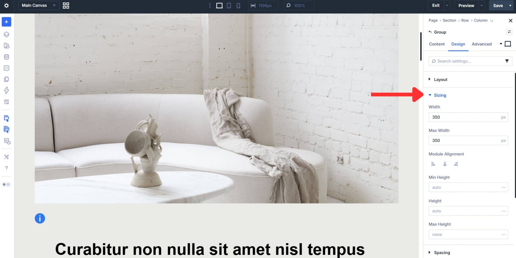 A screenshot of setting the width of the group module in Divi 5