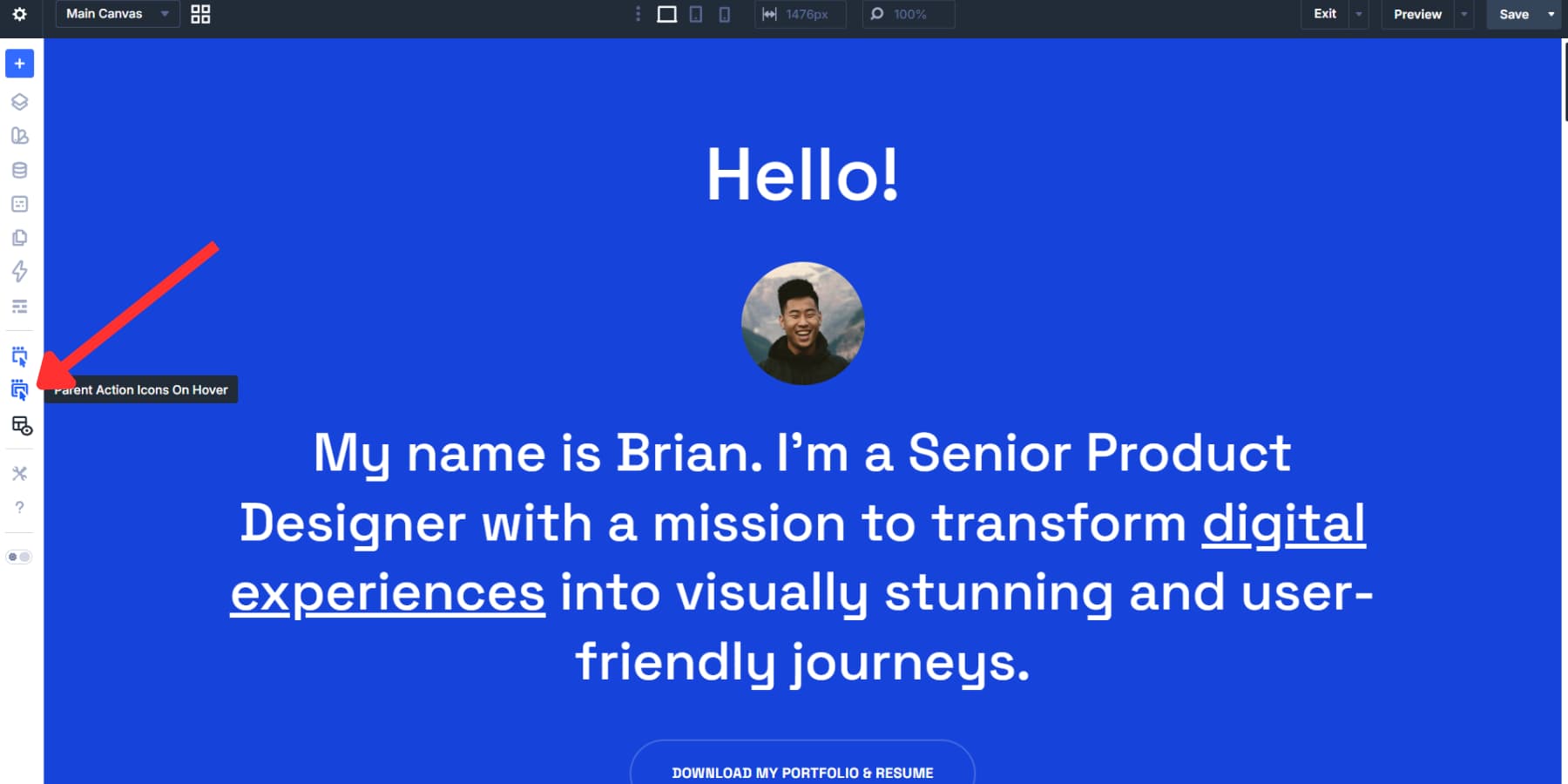 A screenshot of the Parent Action Icons On Hover icon in Divi 5