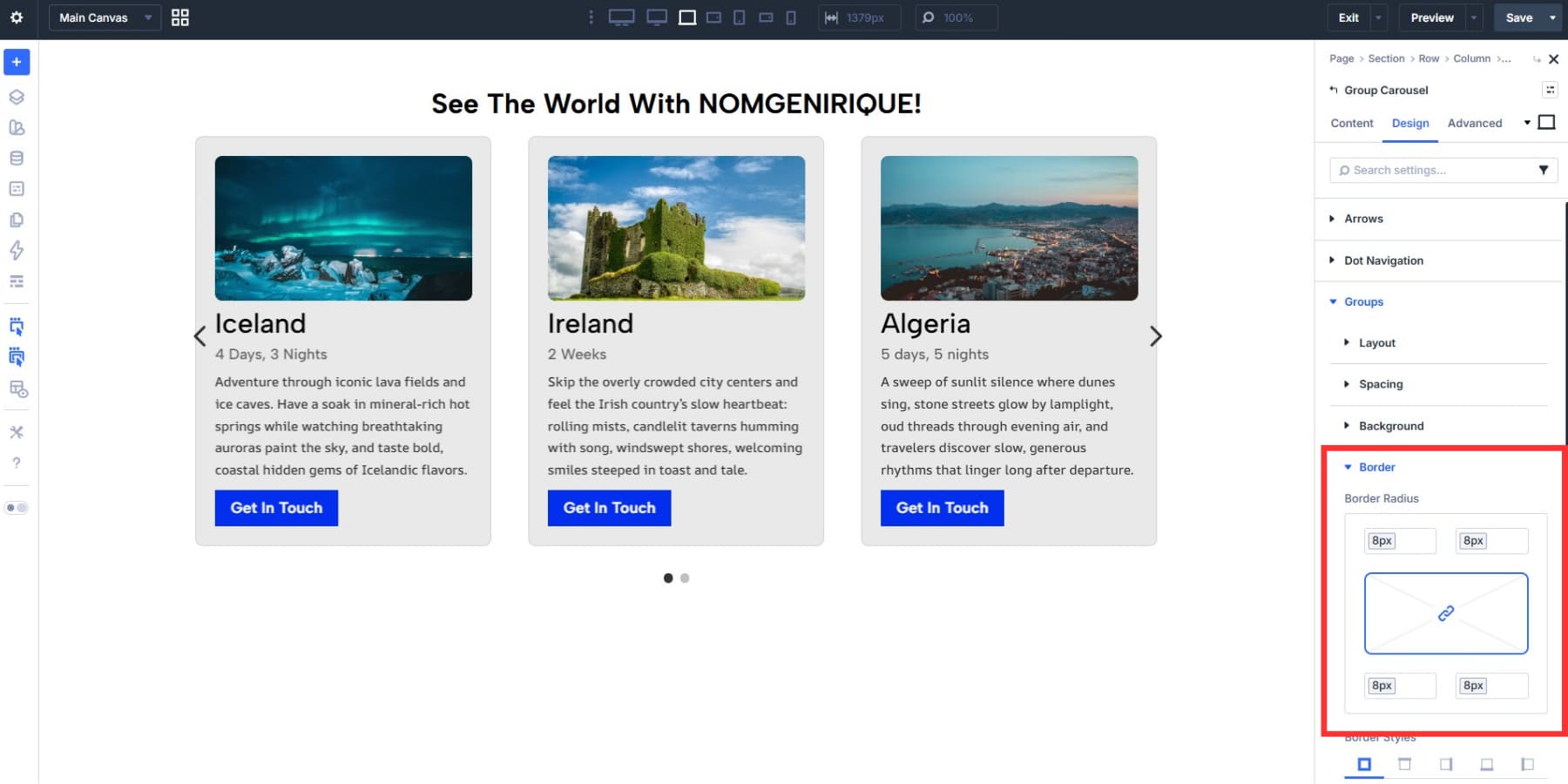 A screenshot of applying Design Variables for border radius to Groups under Group Carousel settings