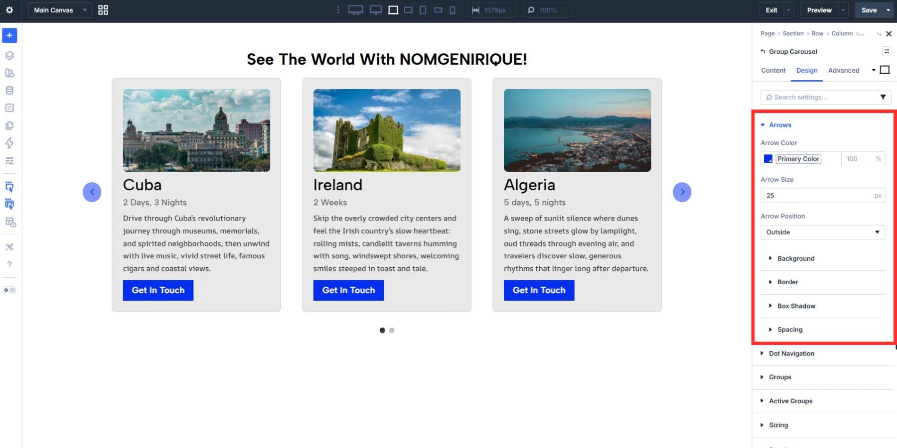 A screenshot of the arrow design settings under Group Carousel settings