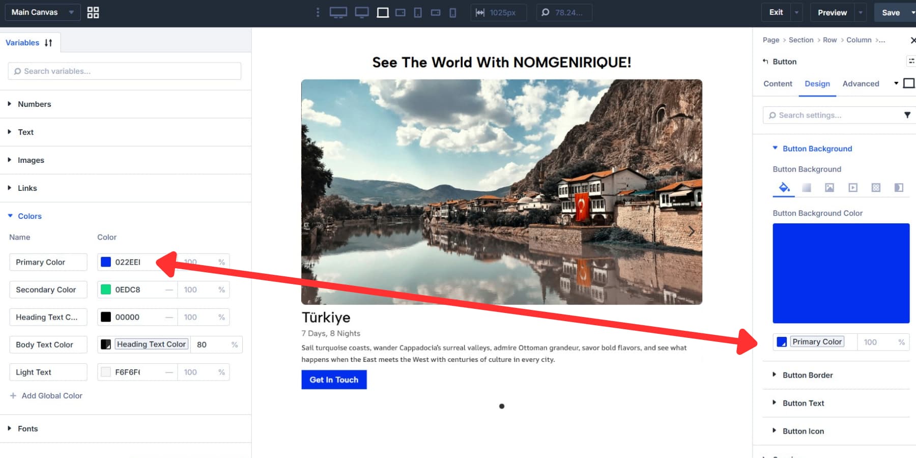 A screenshot of the Button module using a Divi 5 Design Variable for the background color