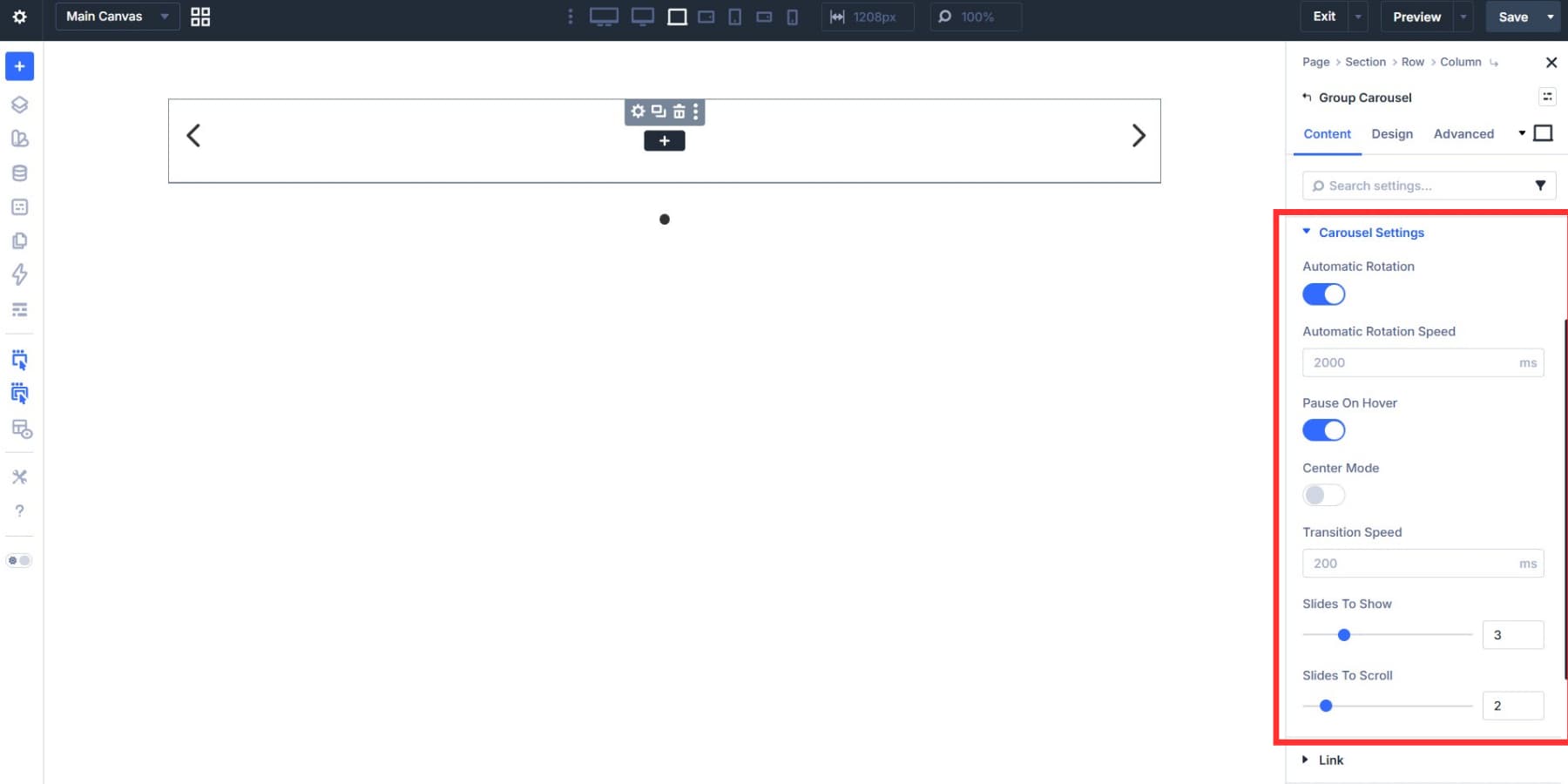 A screenshot of the carousel settings group in Divi 5's Group Carousel content tab