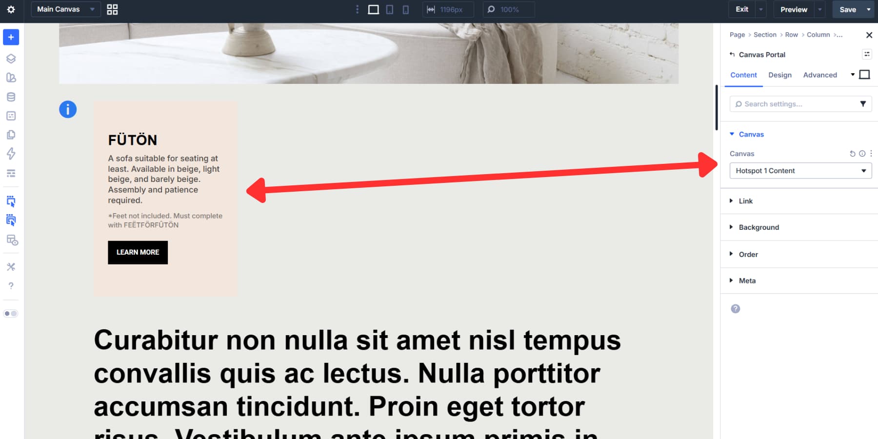 A screenshot of the connecting the portal to the hotspot content canvas