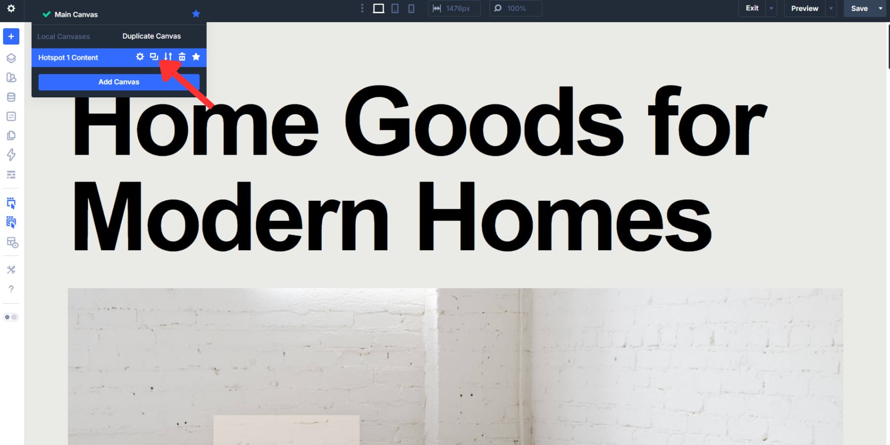 A screenshot of the duplicate option for the canvas in Divi 5