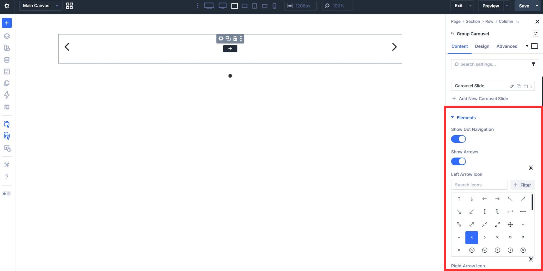 A screenshot of the elements setting group in Divi 5's Group Carousel content tab