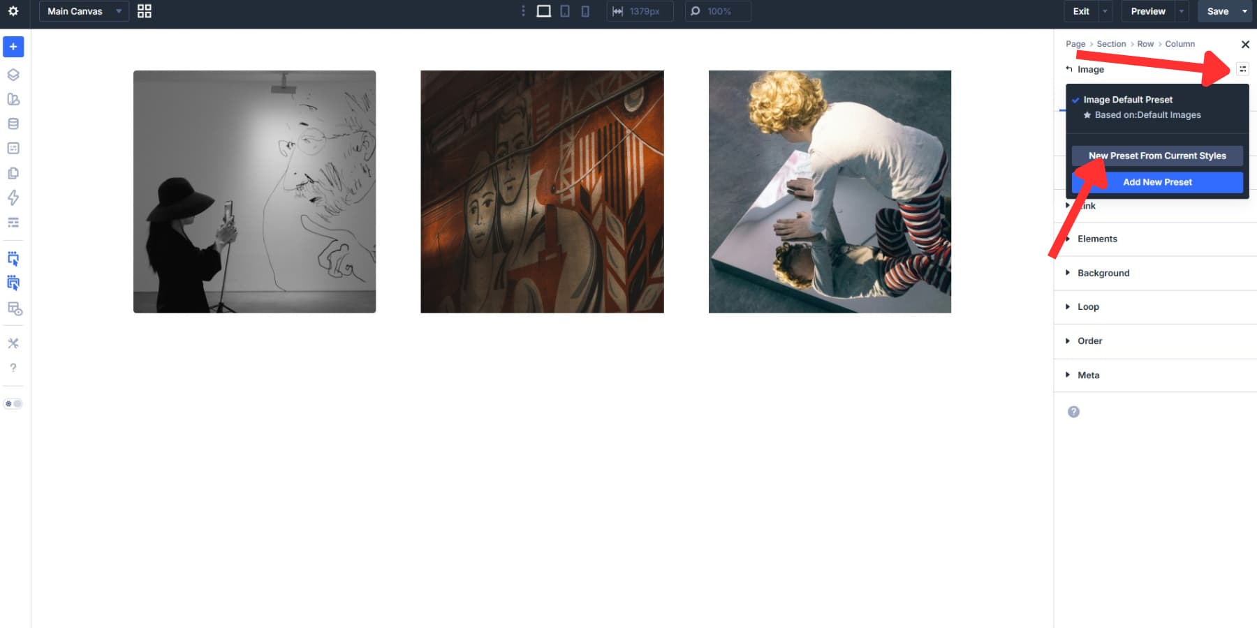 A screenshot of finding the preset option and creating a tilt image preset in Divi 5