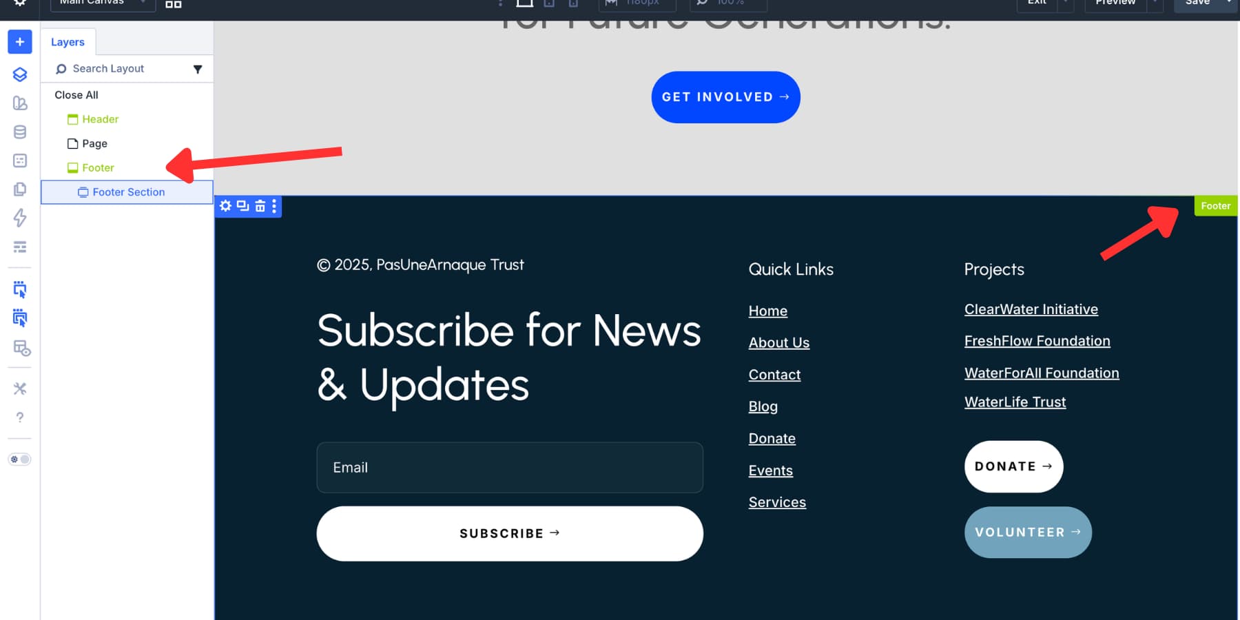 A screenshot of the footer label that separates footer content from the rest of the page in Divi 5's Layer Panel and Visual Builder