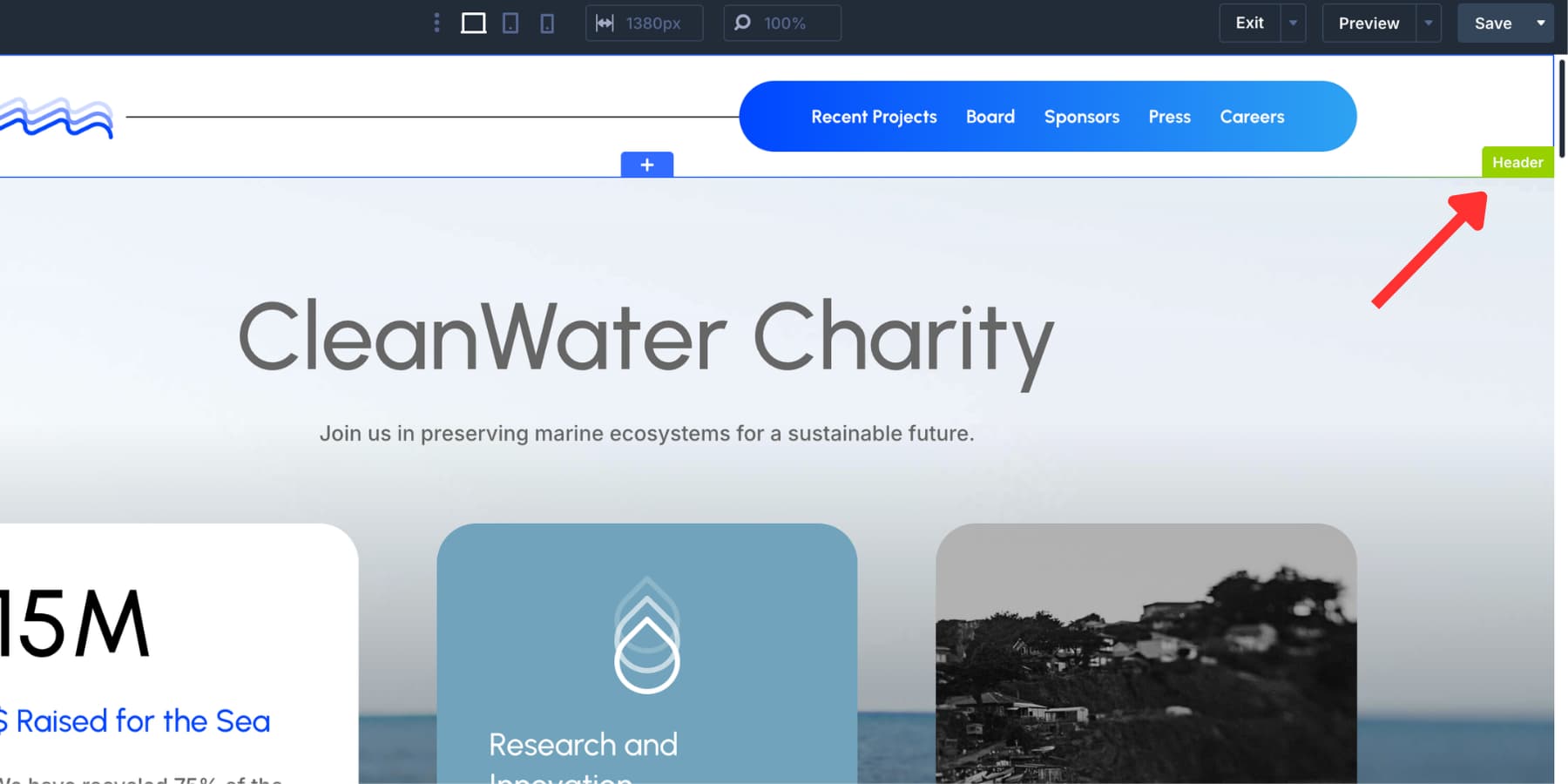 A screenshot of the header label that separates header content from the rest of the page in Divi 5
