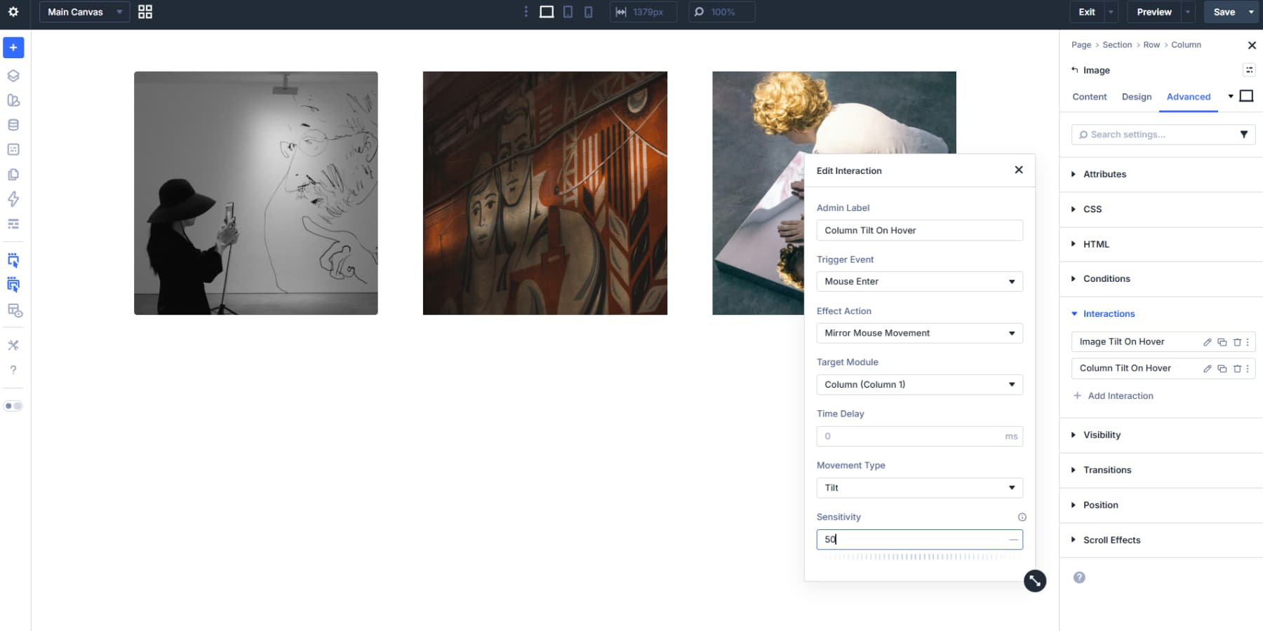 A screenshot of the second Interaction added for image tilt in Divi 5