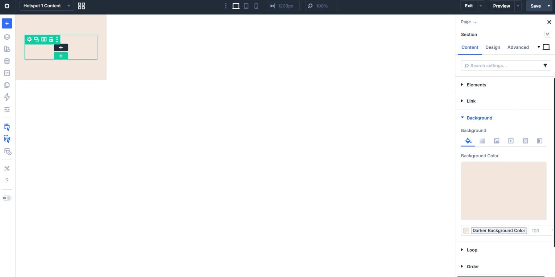 A screenshot of the setting a background color to the hotspot content section