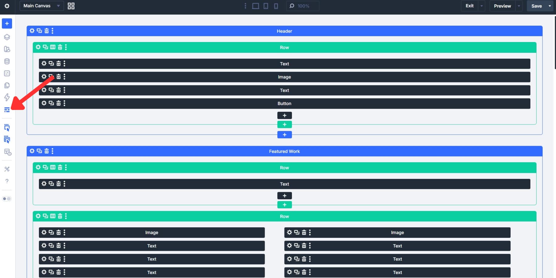 A screenshot of the wireframe panel in Divi 5