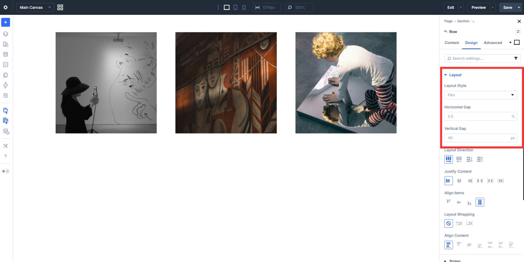 A screenshot of where to adjust the gaps for the tilt image columns