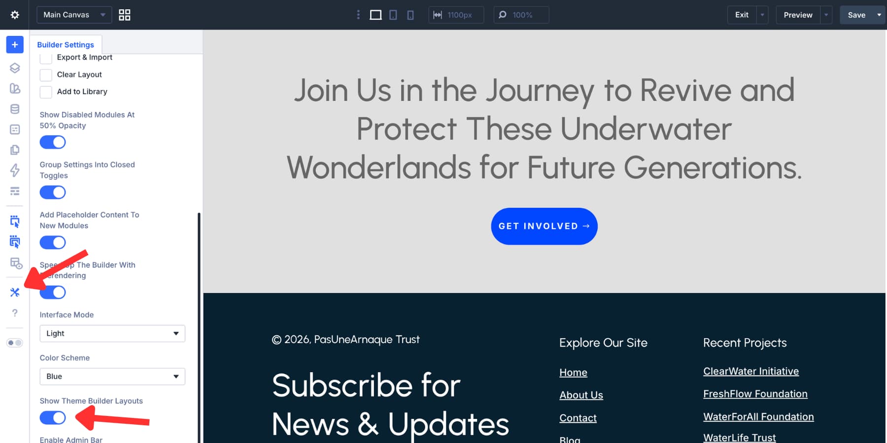 A screenshot of where to turn off Theme Builder layouts in Divi 5