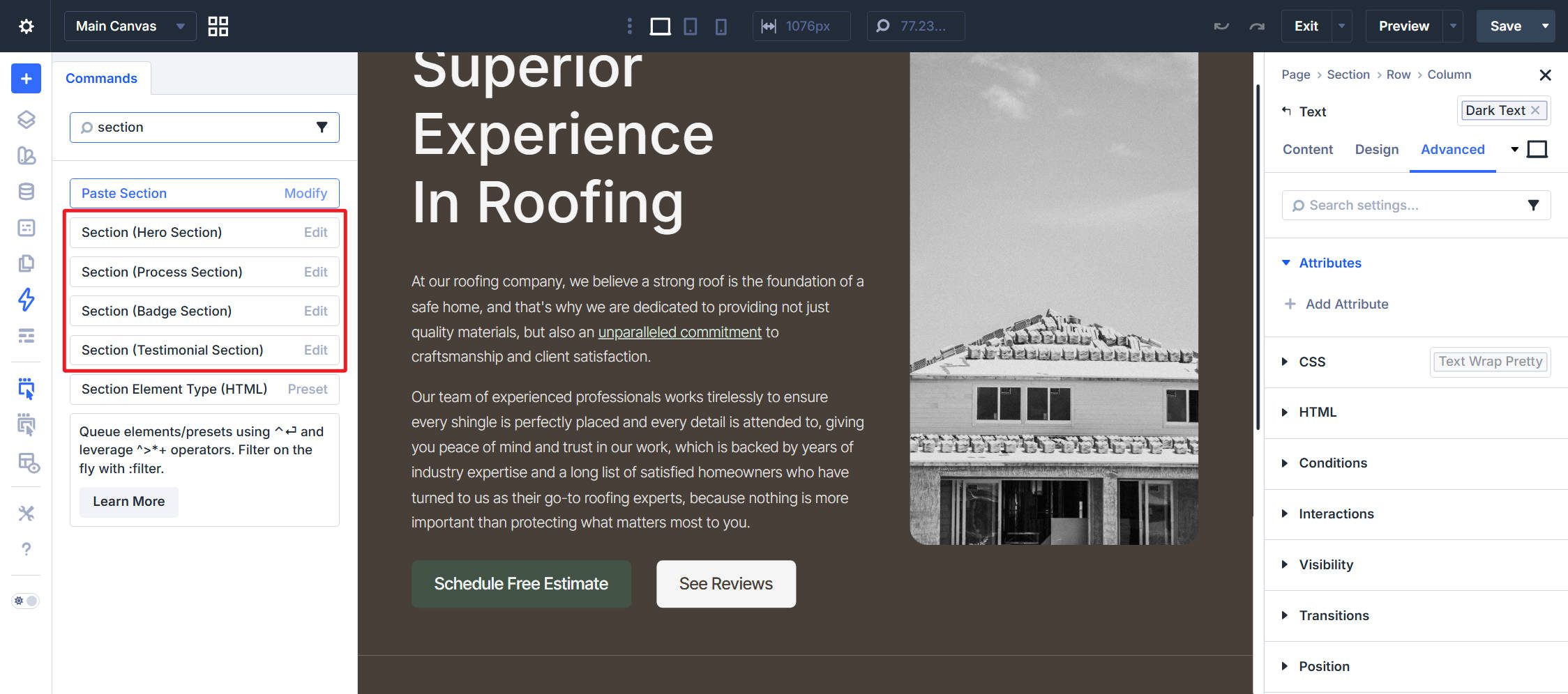 Using the Command Center to find and edit sections in Divi 5