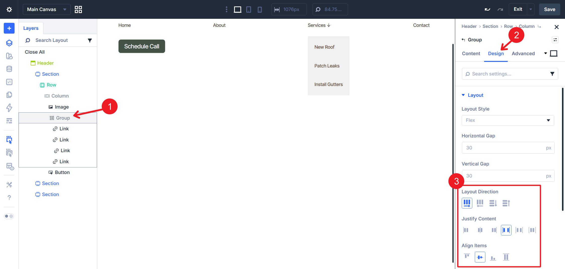 Dropdown menu Group flex layout settings