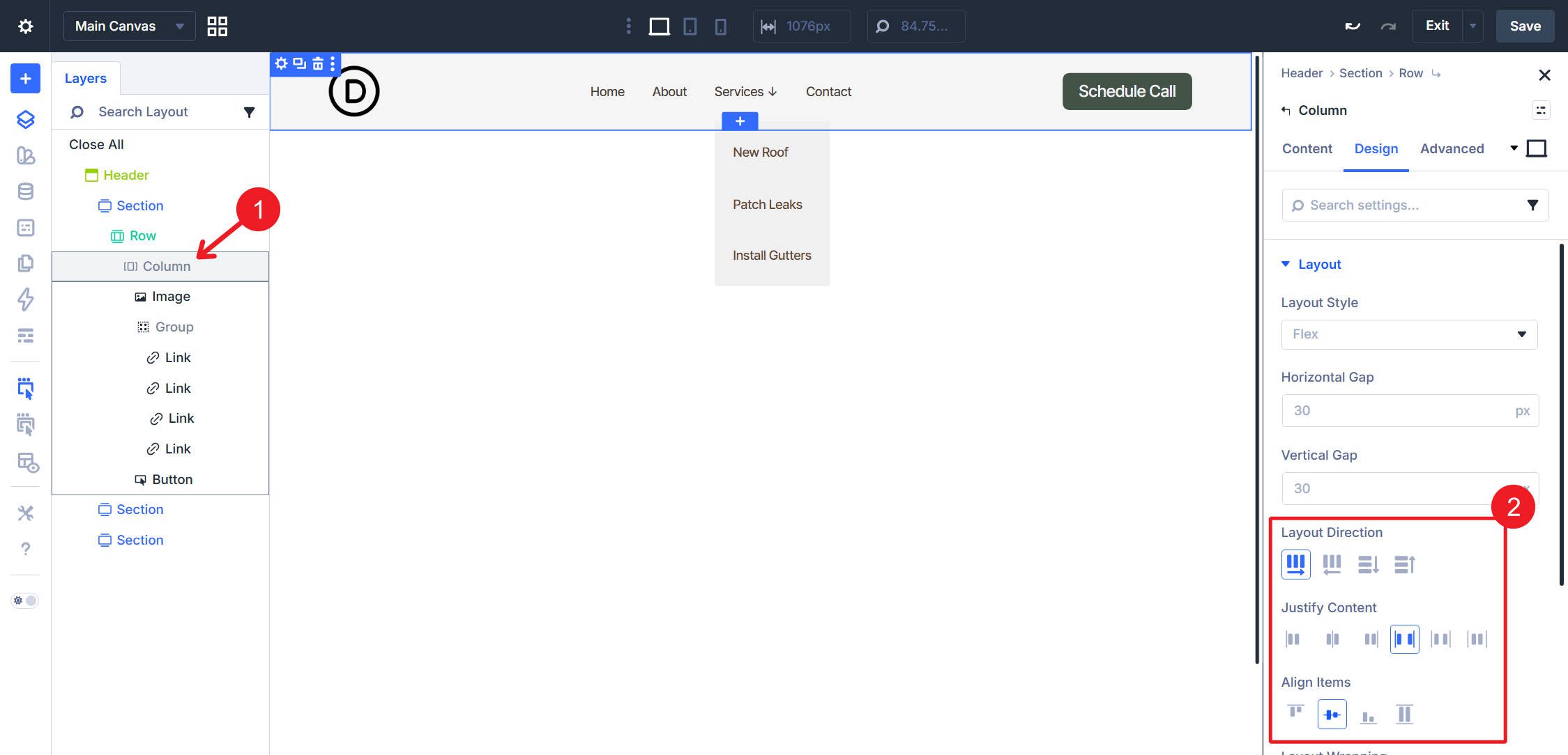 Dropdown menu column flex layout settings