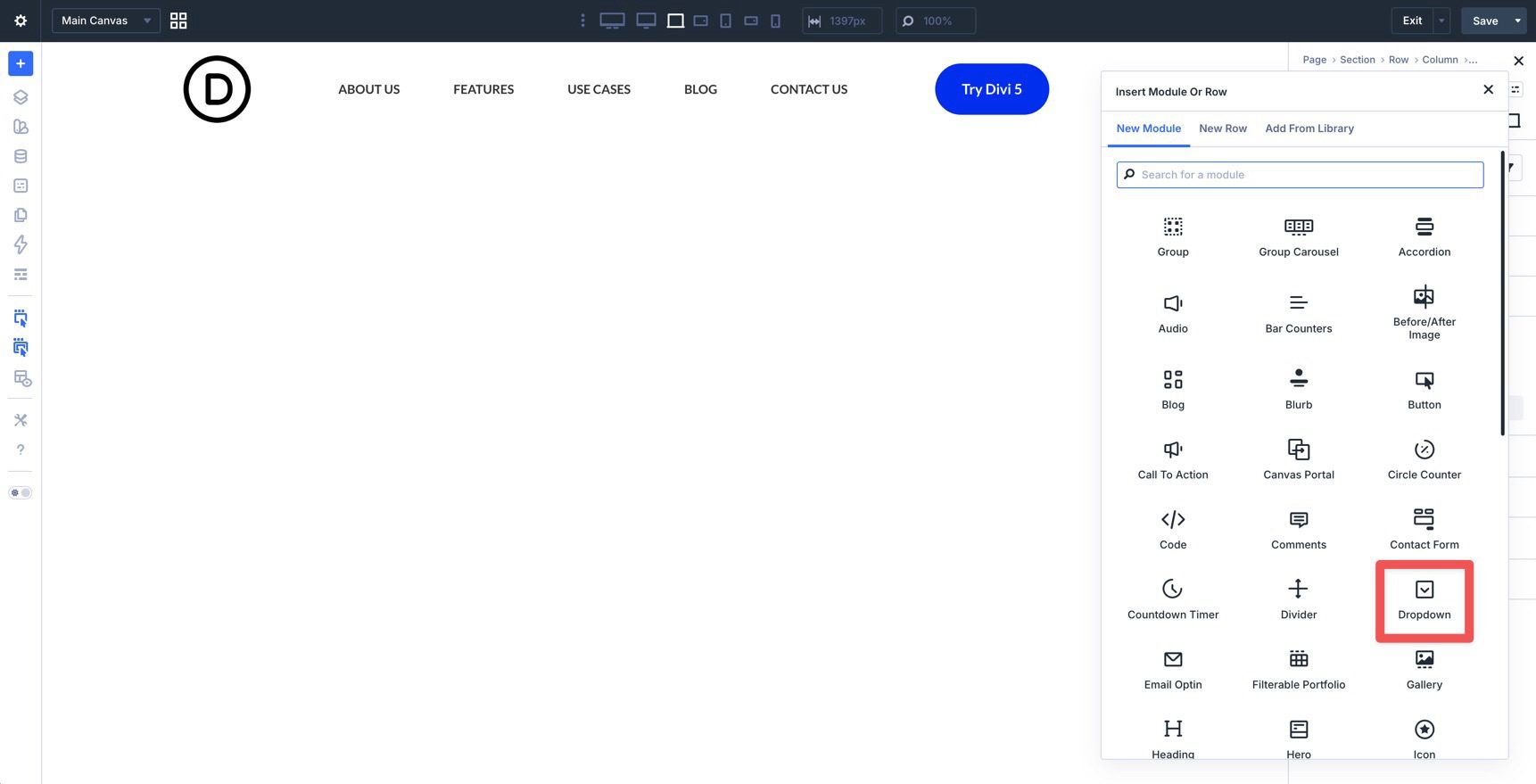 Adding a Dropdown module in Divi 5
