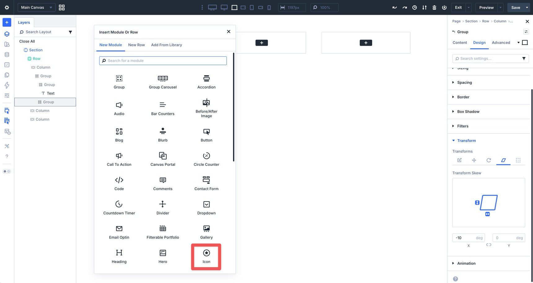 Adding an Icon module in Divi 5