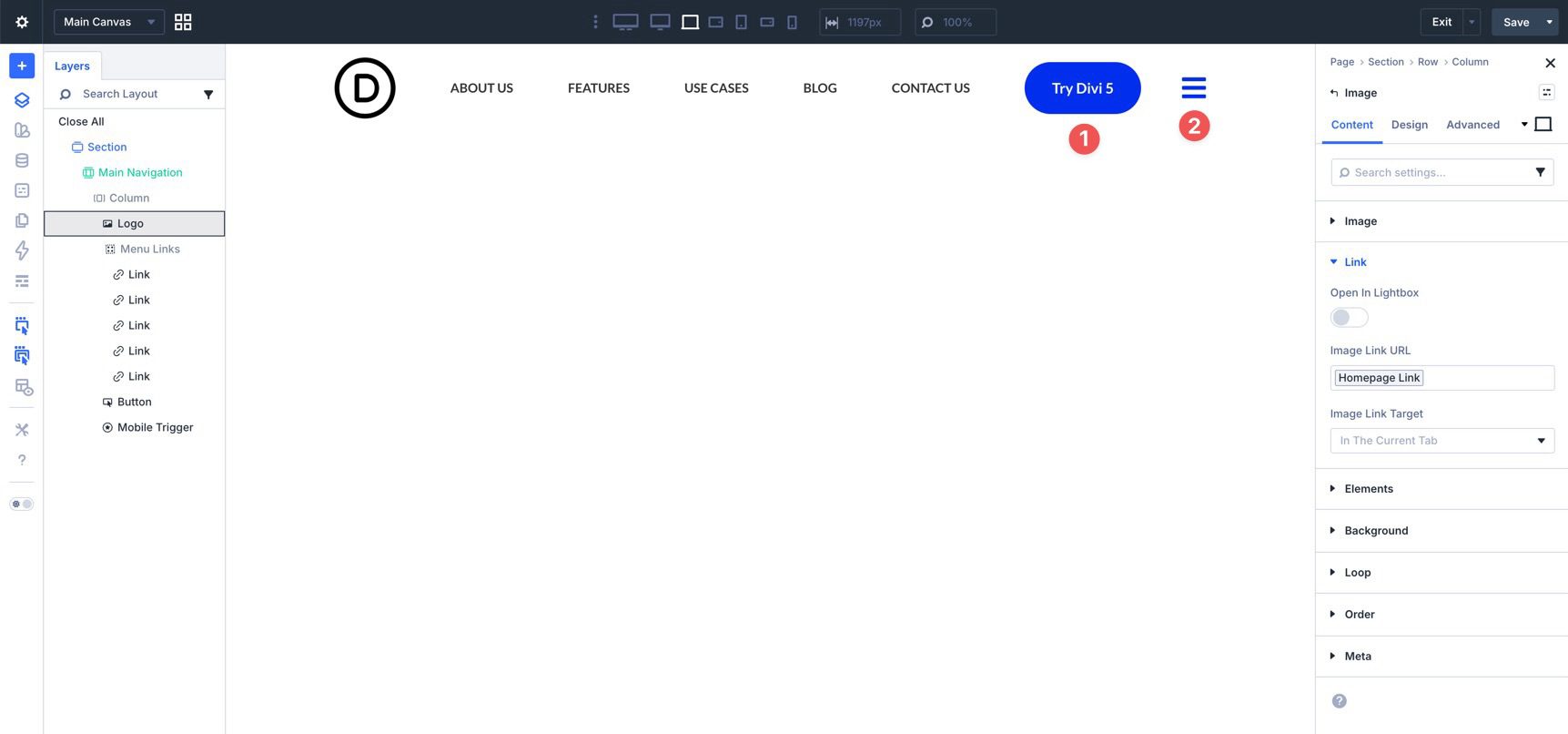 Additional top-level navigation elements in Divi 5