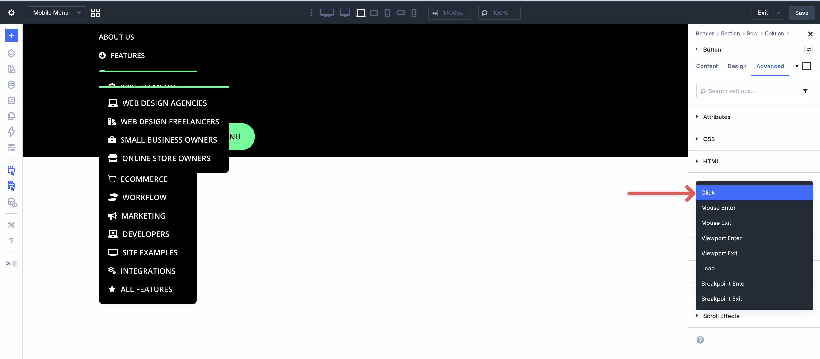 Choose Click as the interaction trigger in Divi 5