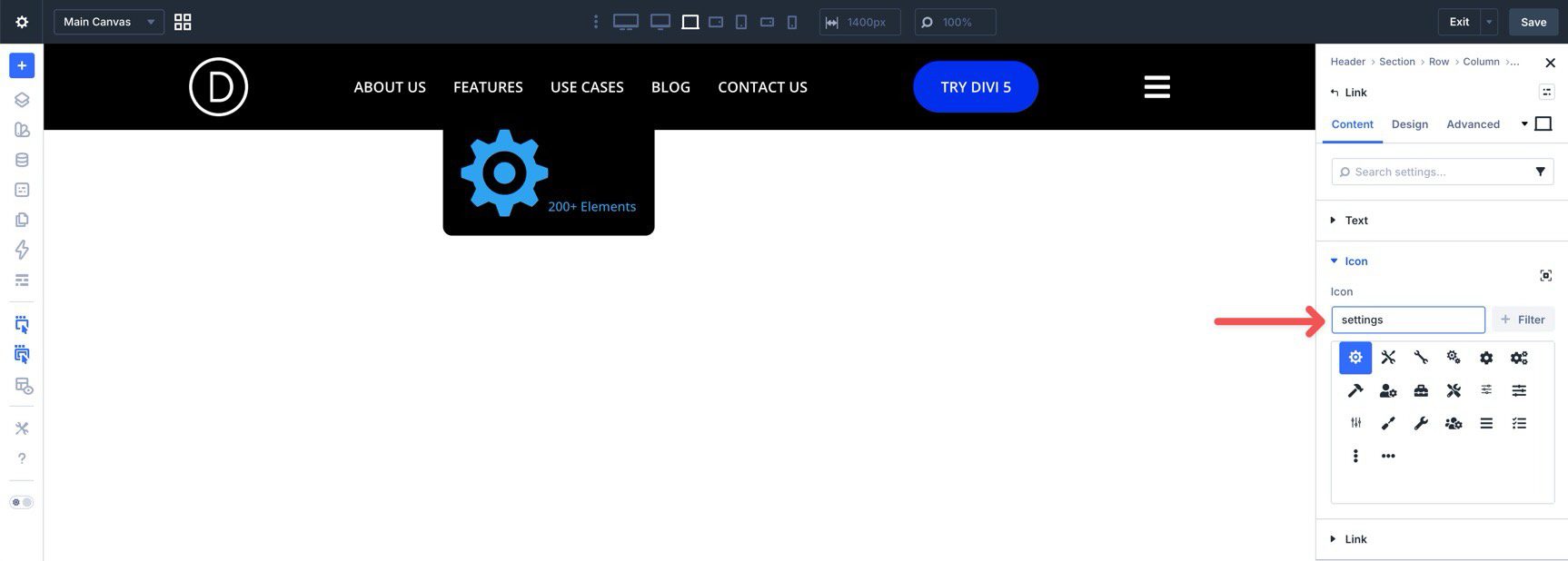Choose an icon for a Link module in Divi 5