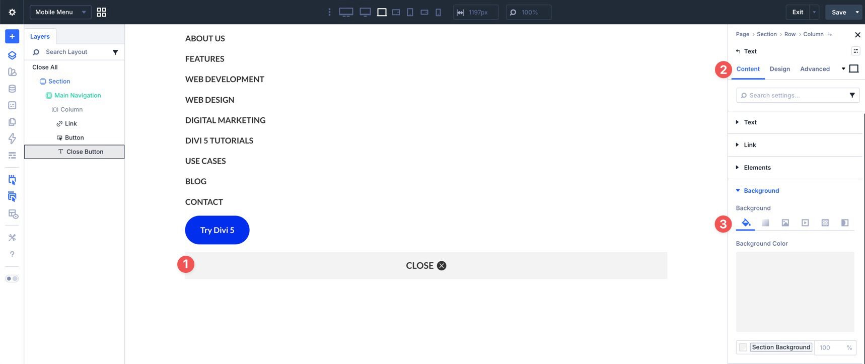 Close button background color in Divi 5