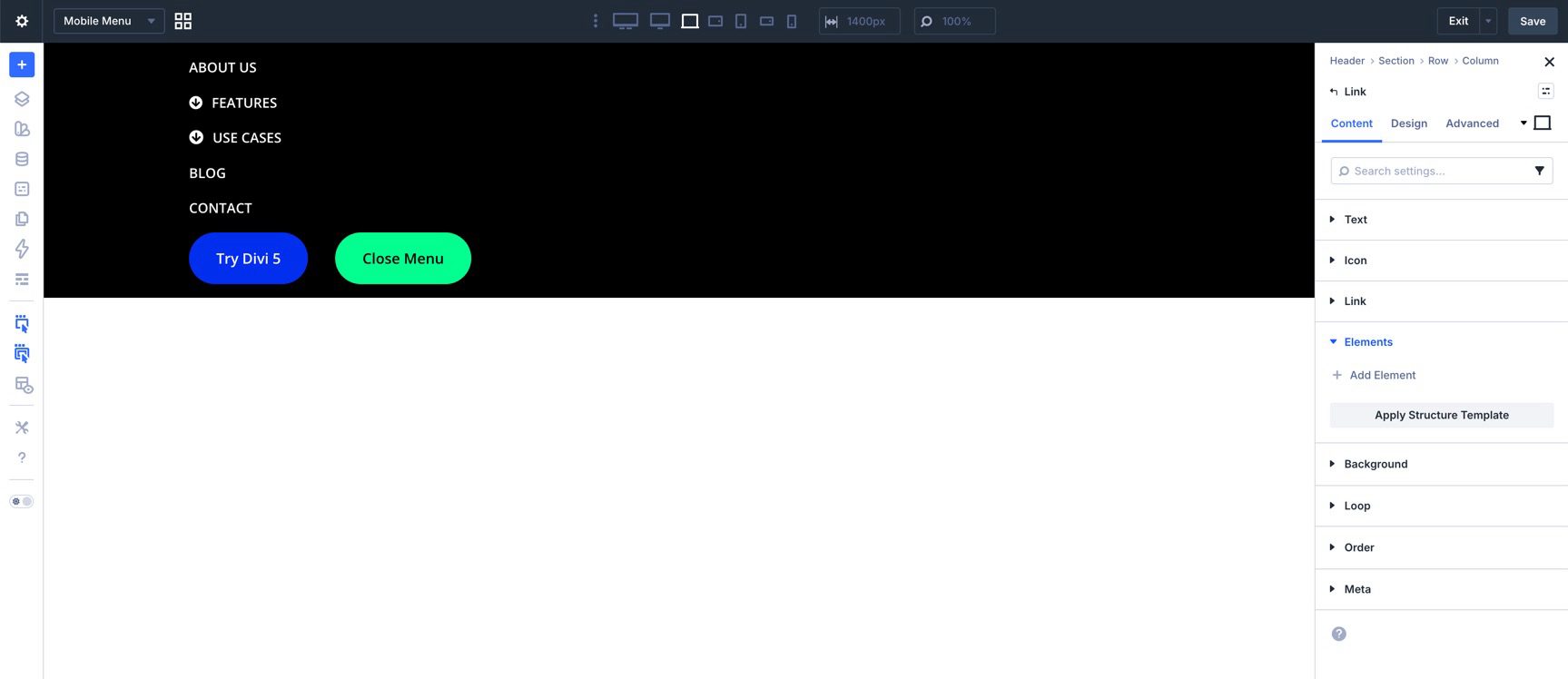 Completed mobile menu in Divi 5