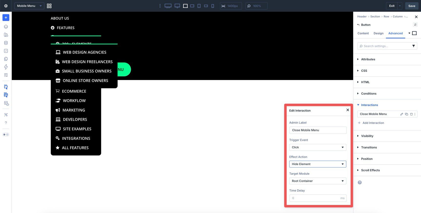 Create a close-menu interaction in Divi 5
