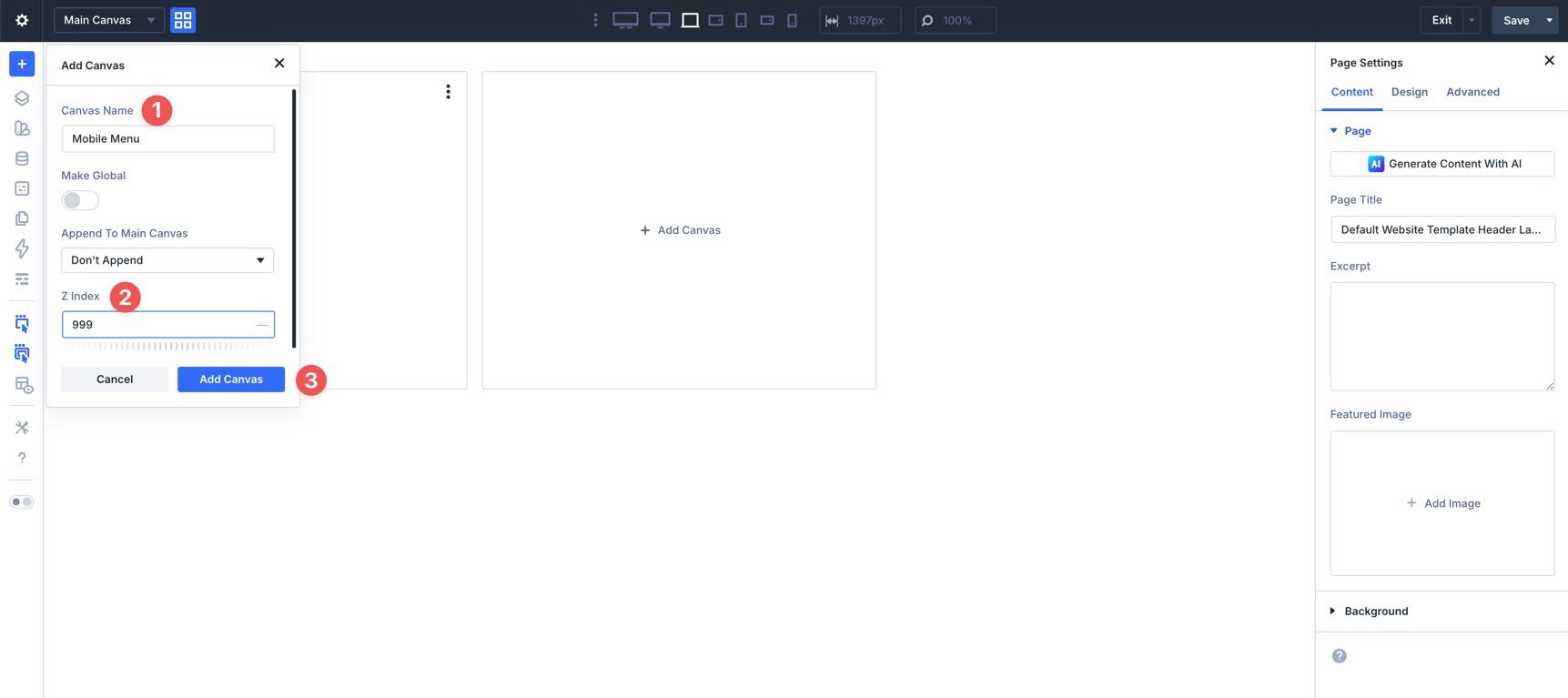 Creating a new canvas in Divi 5