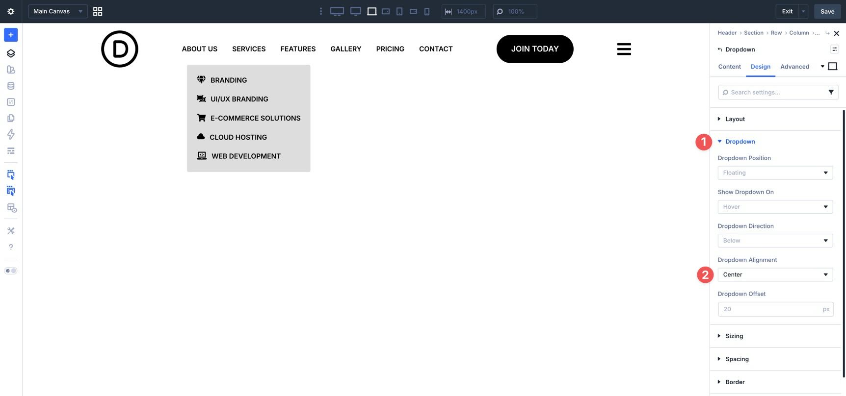 dropdown module alignment in Divi 5