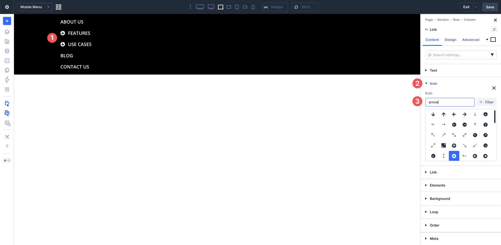 Dropdown indicator icon for a mobile menu in Divi 5