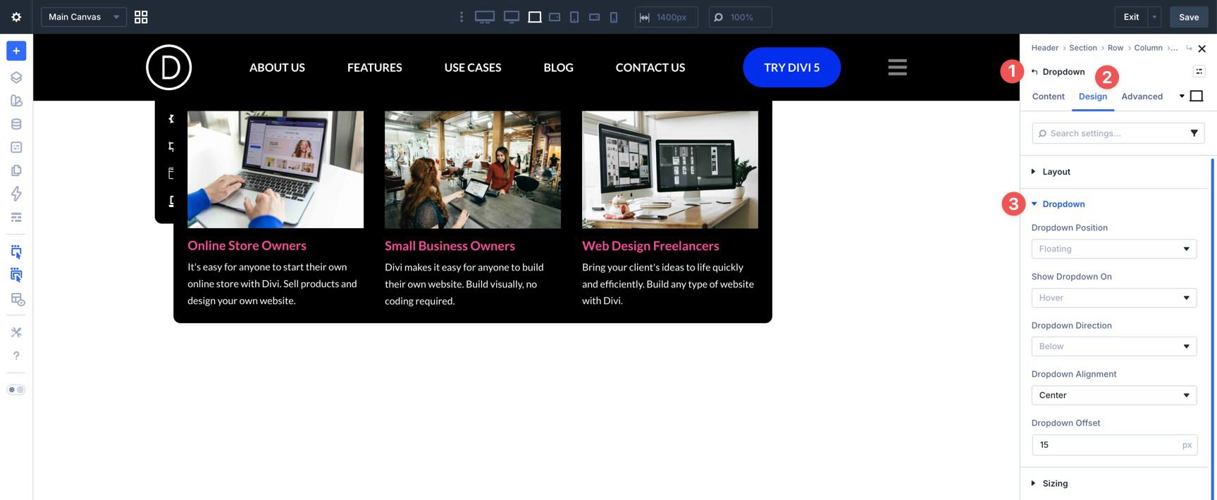 Dropdown module settings in Divi 5