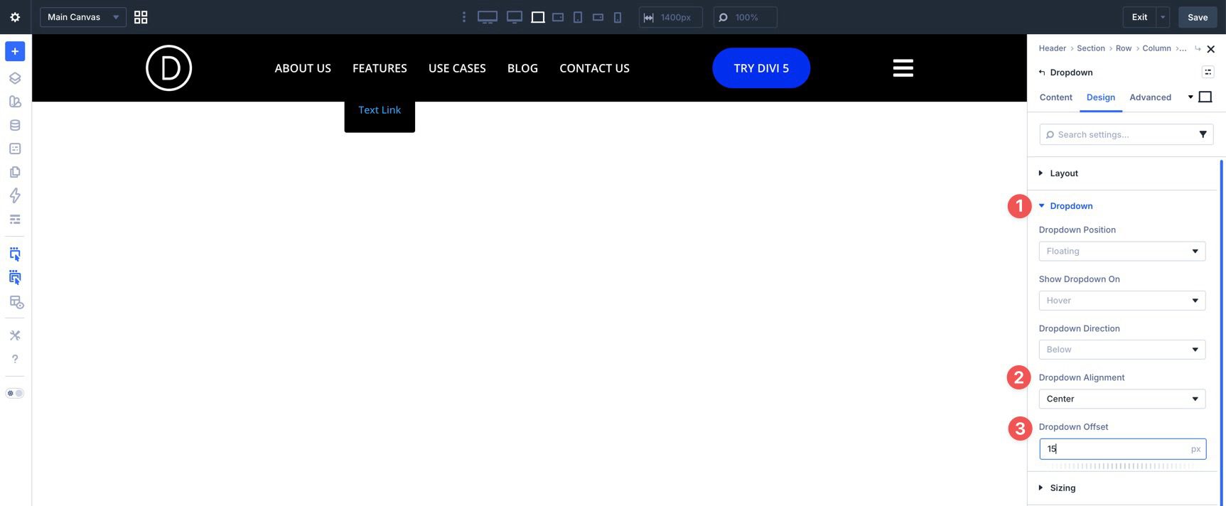Dropdown positioning settings in Divi 5