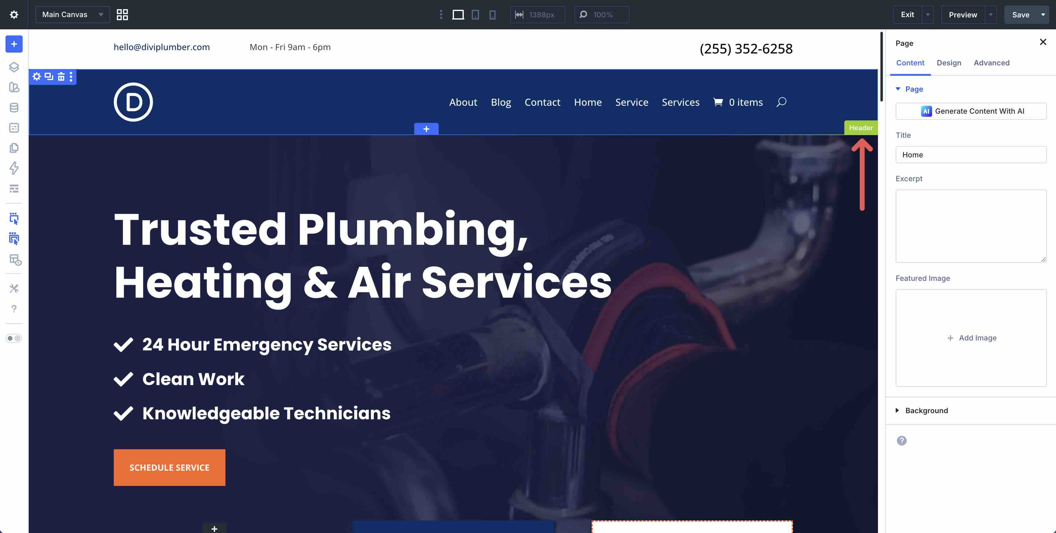edit header template area in Divi 5