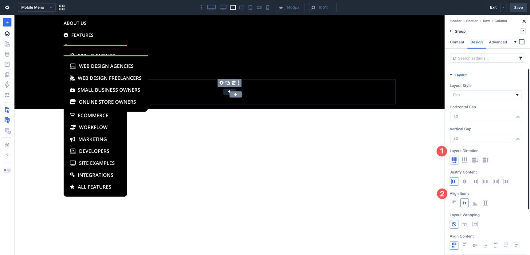 Group flex settings for mobile menu buttons in Divi 5