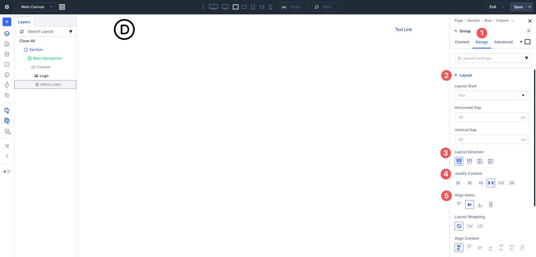 Group layout settings in Divi 5