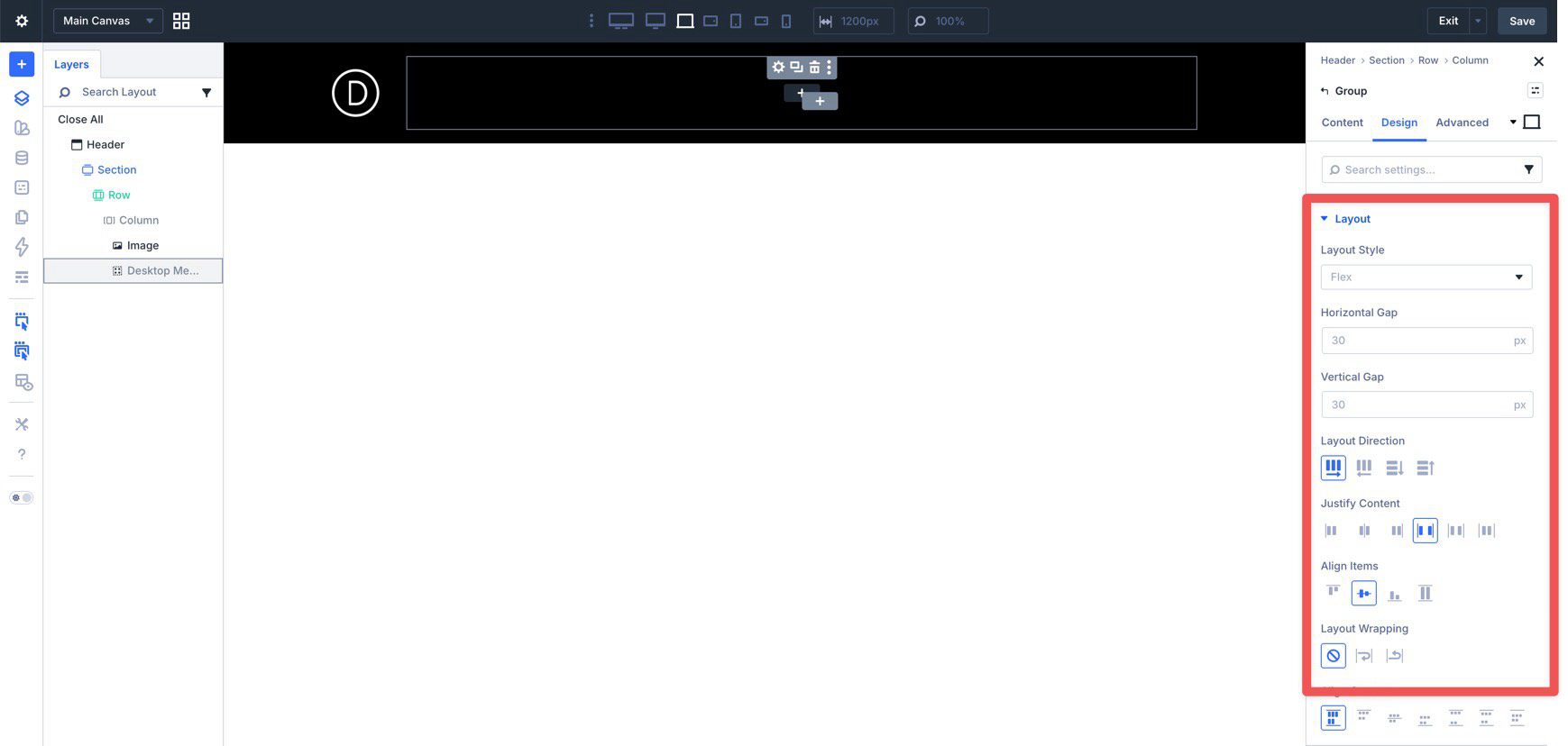 Group layout settings for desktop navigation in Divi 5