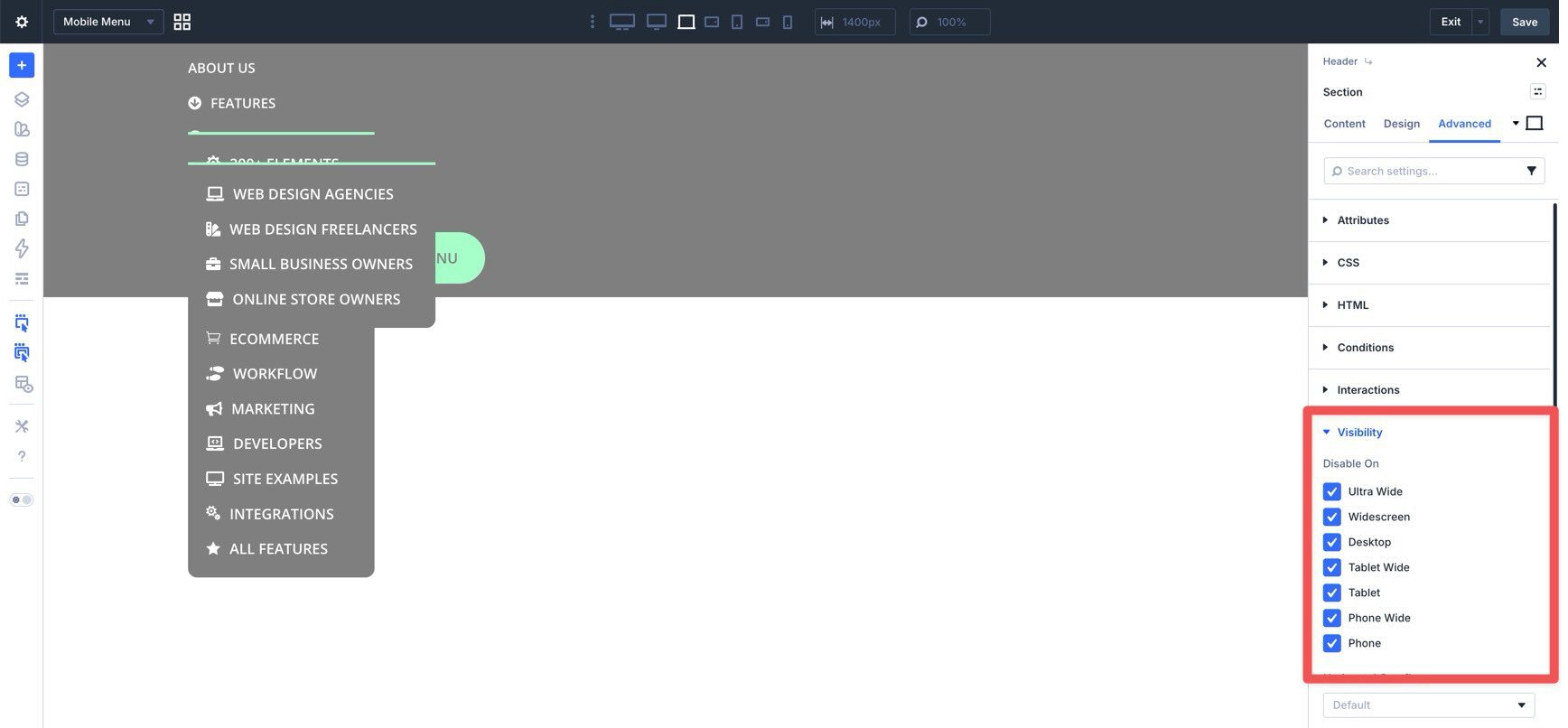 Hide the mobile menu canvas section by default in Divi 5