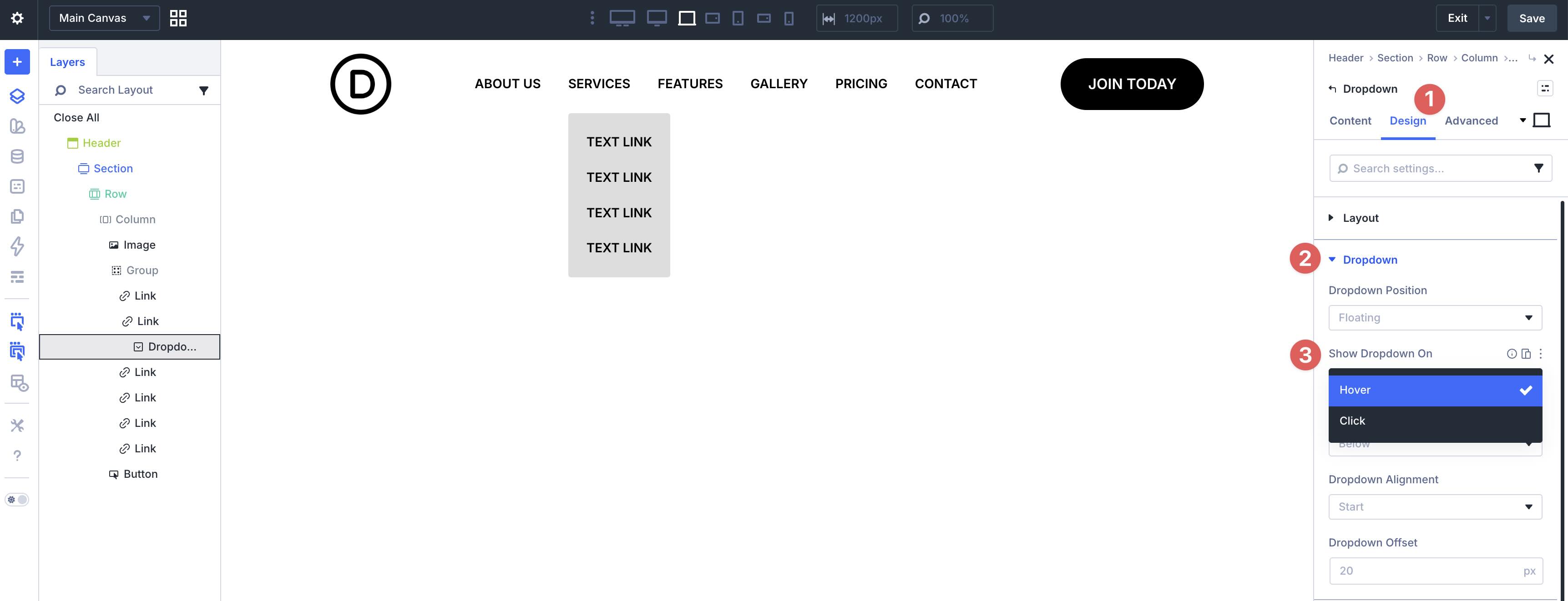 hover or click options in Divi 5