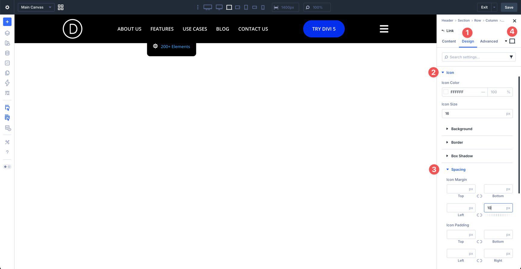 Icon design settings for a Link module in Divi 5