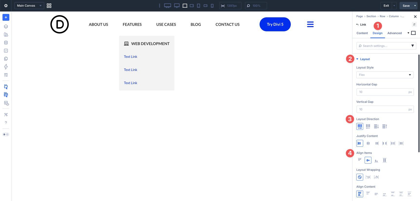 Link module icon layout settings in Divi 5