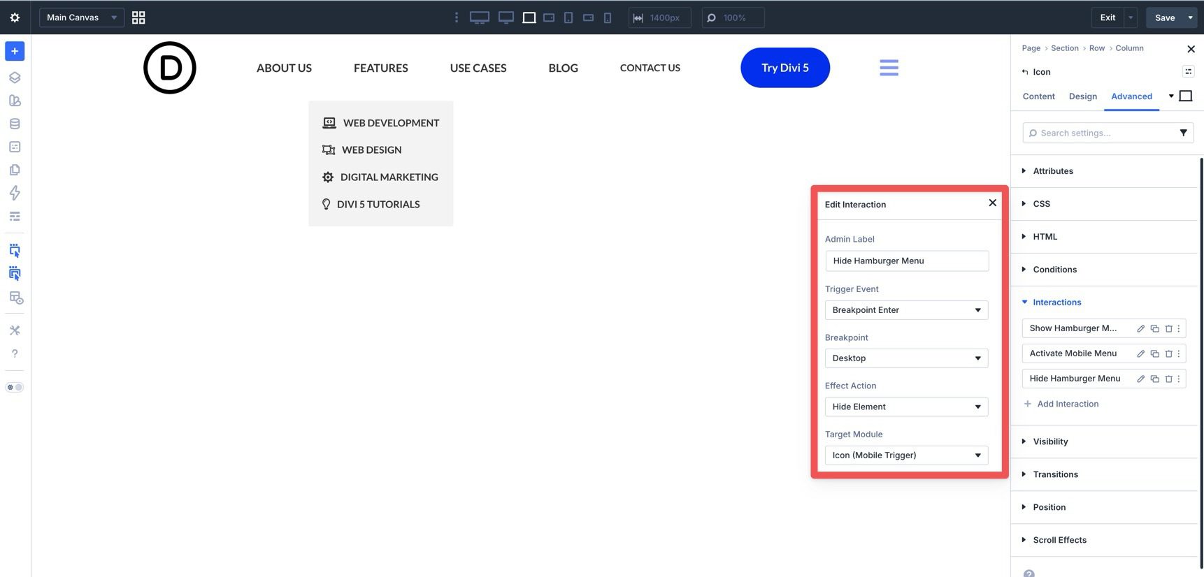 Hide hamburger icon on desktop in Divi 5