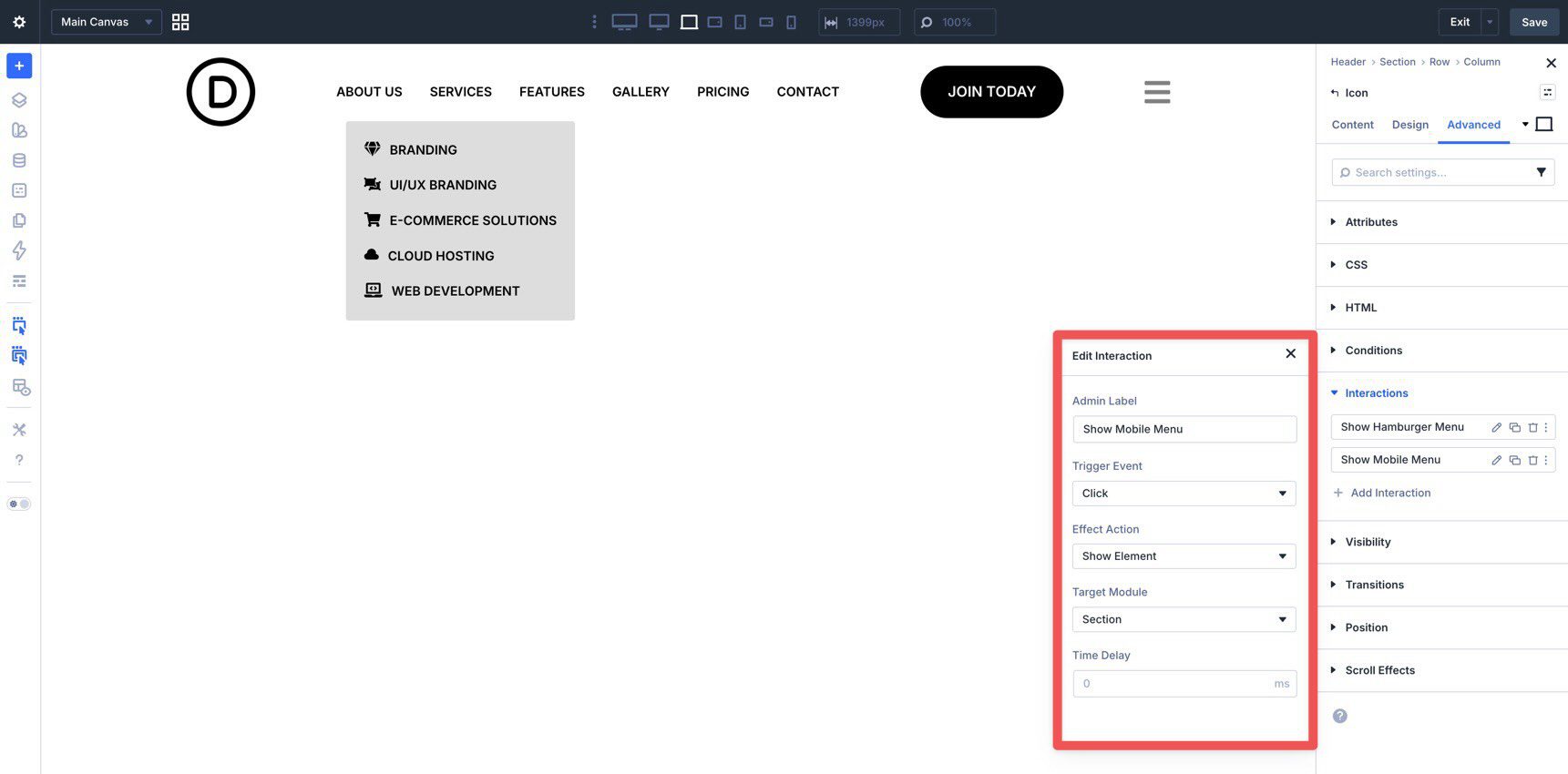 creating mobile menus with Divi 5 interactions