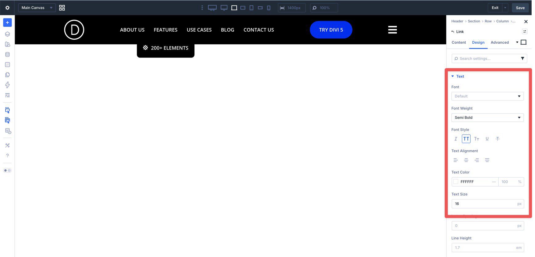 Text design settings for a Link module in Divi 5