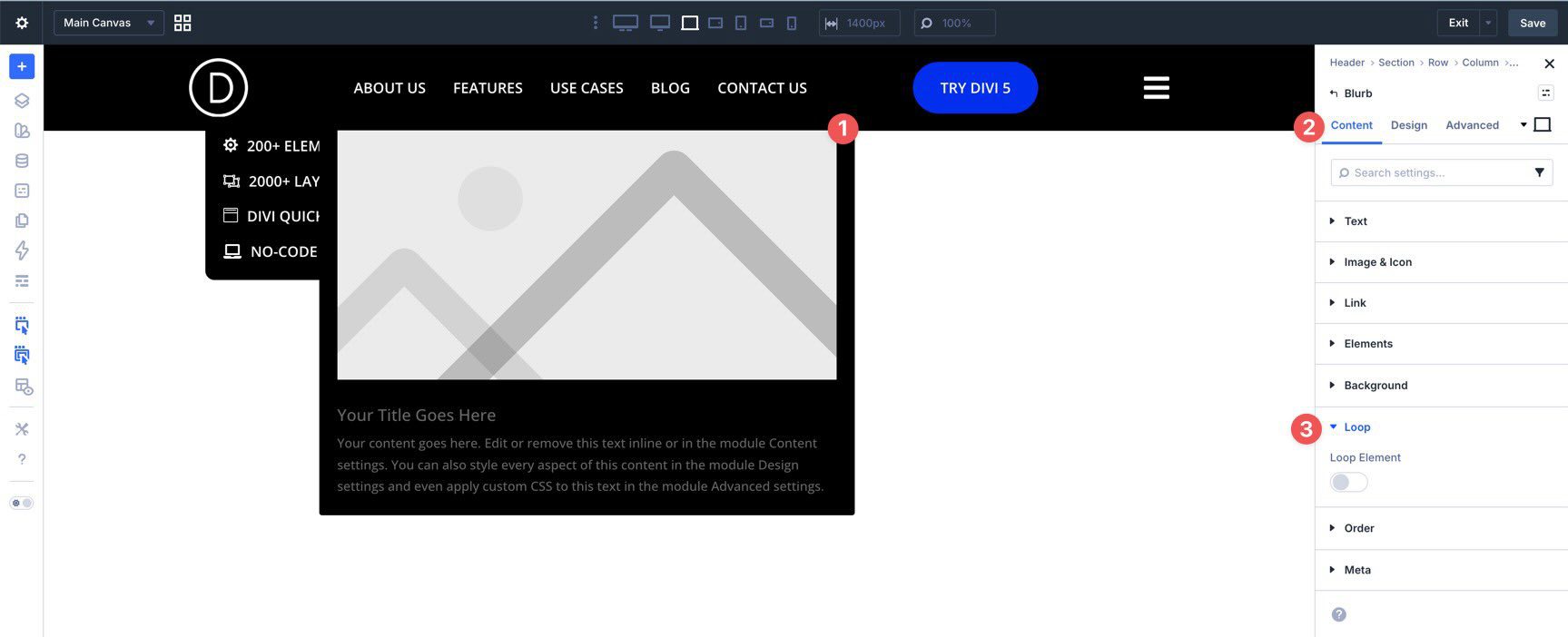 Enable loop element in a Blurb module in Divi 5