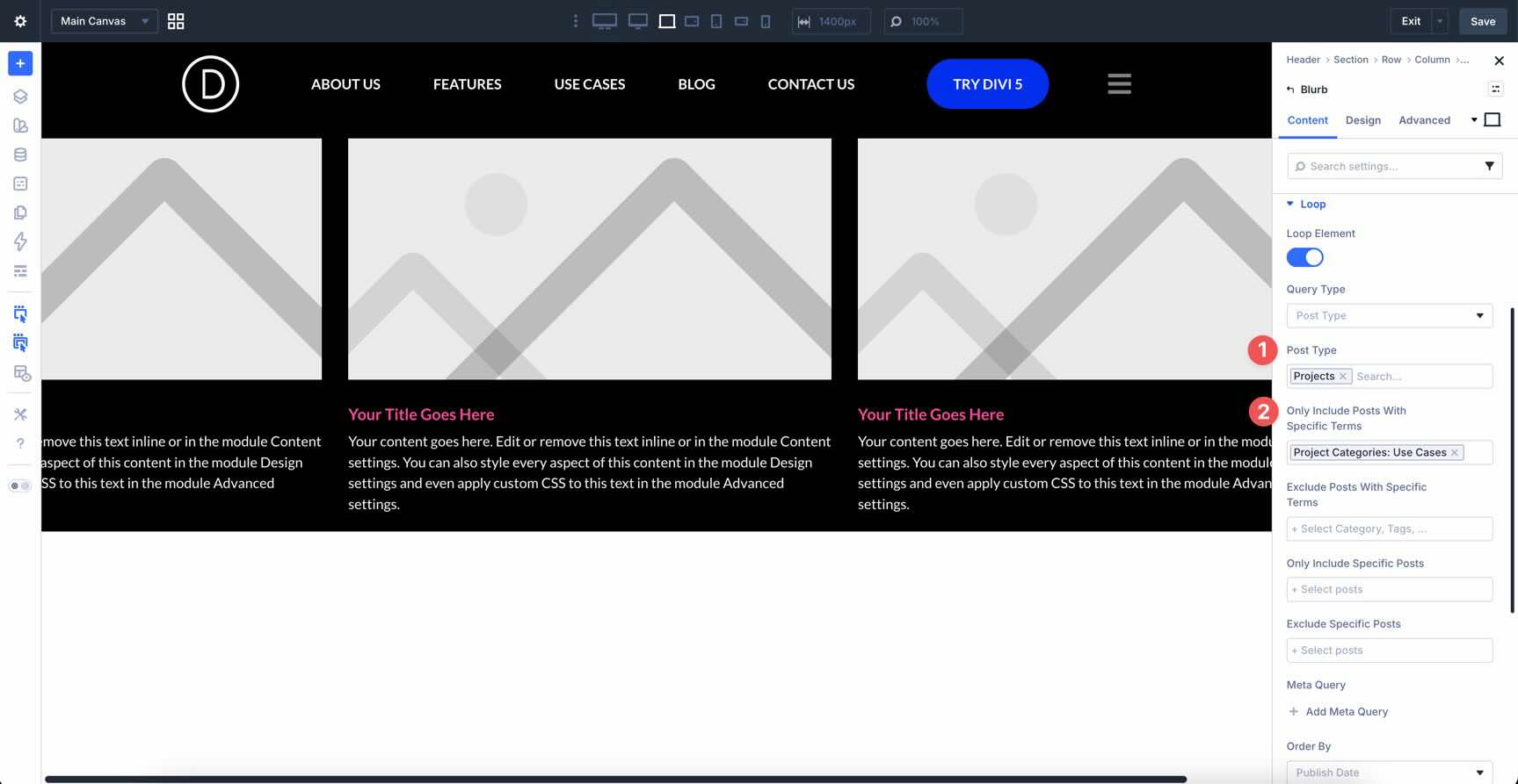 Loop settings for projects in Divi 5