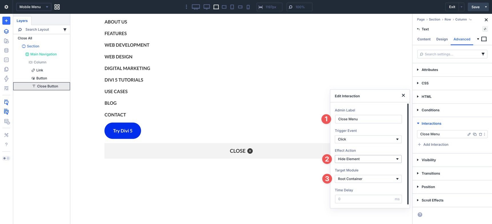 Mobile menu interaction settings in Divi 5