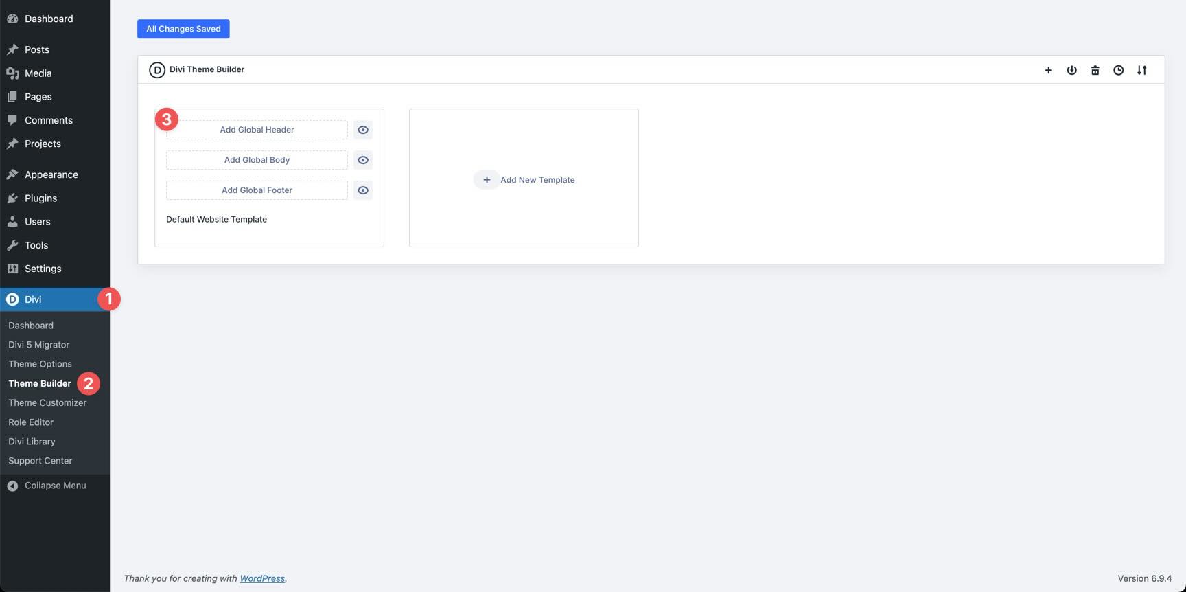 Create a new global header template in Divi 5